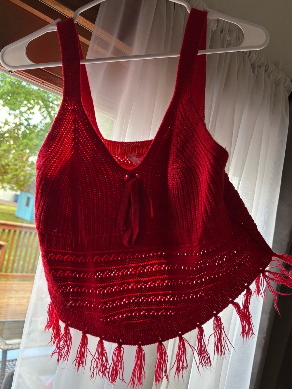 Red Knit Fringe Crop Tank